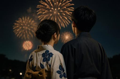 花火を見上げる高校生 花火を見上げる高校生の写真