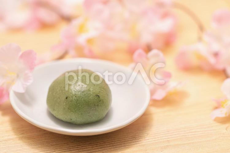 桜のある和菓子のよもぎ餅 草餅,よもぎ餅,餡子の写真素材