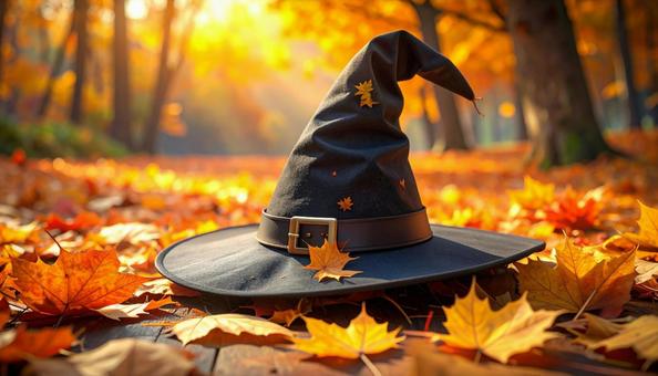 落ち葉の中の魔女の帽子 ハロウィン 落ち葉の中の魔女の帽子 ハロウィンの写真