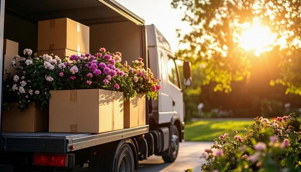 軽トラックの荷台に積まれた出荷される花 軽トラックの荷台に積まれた出荷される花の写真