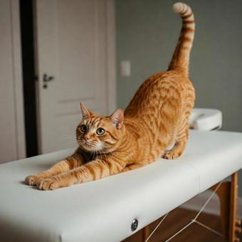施術ベッドの上で伸びをする猫 施術ベッドの上で伸びをする猫の写真