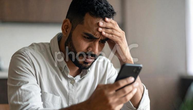 スマホを見て不安げな表情の中東系男性 人物,男性,30代の写真素材