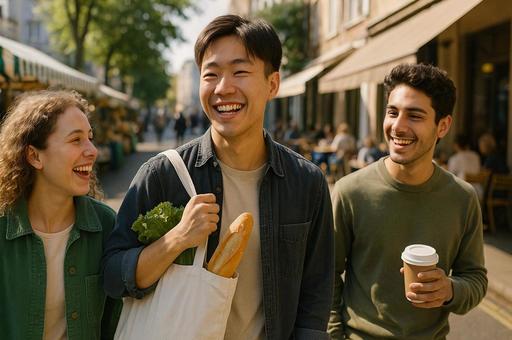 笑顔広がる市場の友人 笑顔広がる市場の友人の写真