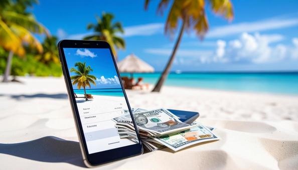 スマホときれいなビーチの写真