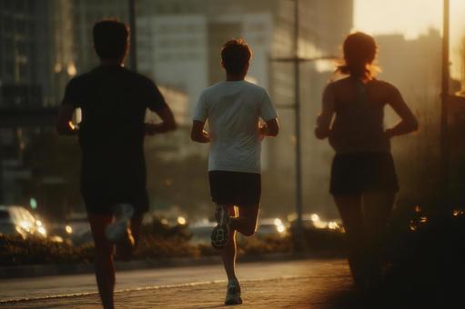 夕日に向かって走る3人のランナー 夕日に向かって走る3人のランナーの写真