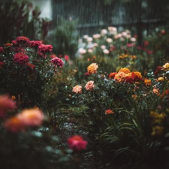 雨粒とピンクの花の写真