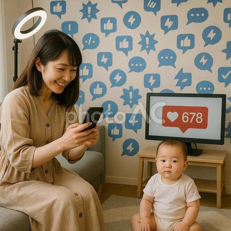 SNSで子どもを配信する母親 sns,インフルエンサー,sns依存の写真素材