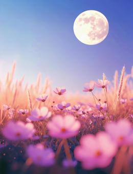 コスモスの花畑に上る月 コスモスの花畑に上る月の写真