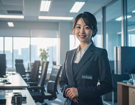 オフィスで微笑み手を組んで佇む社員 オフィスで微笑み手を組んで佇む社員の写真