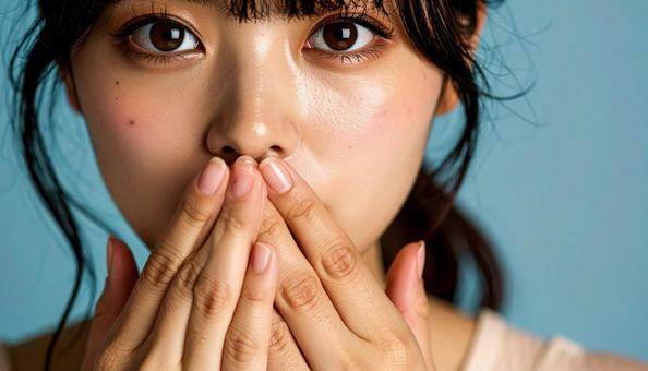 口臭ケアイメージ　口元を両手でおおう女性の写真