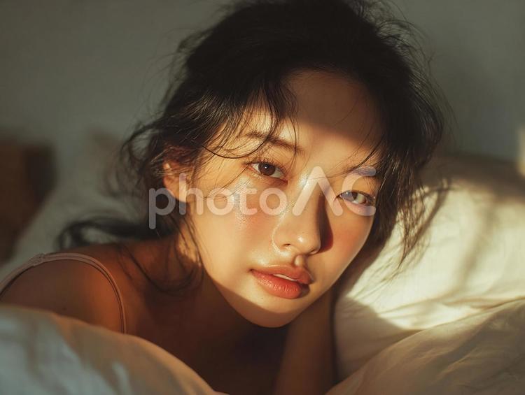 透明感あふれる女性の肌 女性,アジア人,寝起きの写真素材