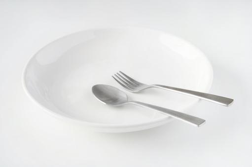 White plate, fork, spoon White plate, fork, spoon