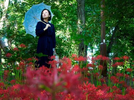 40:彼岸花を静かに見つめる女性 40:彼岸花を静かに見つめる女性 彼岸花,ミステリアス,幻想的の写真素材