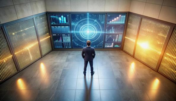 データに囲まれたビジネスマンの写真