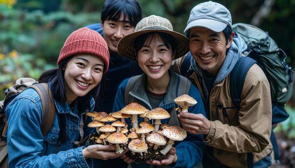 きのこ狩り キノコを収穫して笑顔の家族 きのこ狩り キノコを収穫して笑顔の家族 の写真