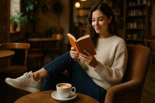 カフェで本を読む女性 カフェで本を読む女性の写真