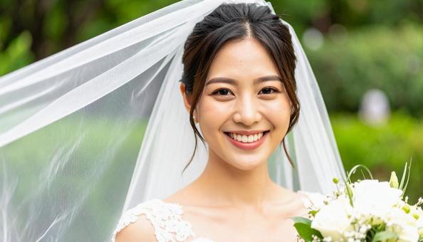 ベールとウエディング姿の花嫁 ブーケ ベールとウエディング姿の花嫁 ブーケの写真