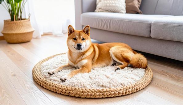 リビングで寝転ぶ可愛い柴犬 リビングで寝転ぶ可愛い柴犬の写真
