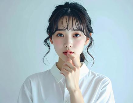 女性が口元に指を添えるポートレート 女性が口元に指を添えるポートレートの写真