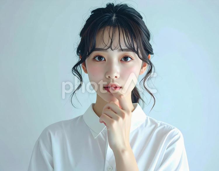女性が口元に指を添えるポートレート 女性,ポートレート,白シャツの写真素材