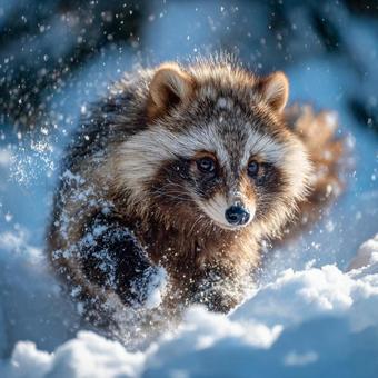 雪の中を駆ける元気なタヌキ 雪の中を駆ける元気なタヌキの写真