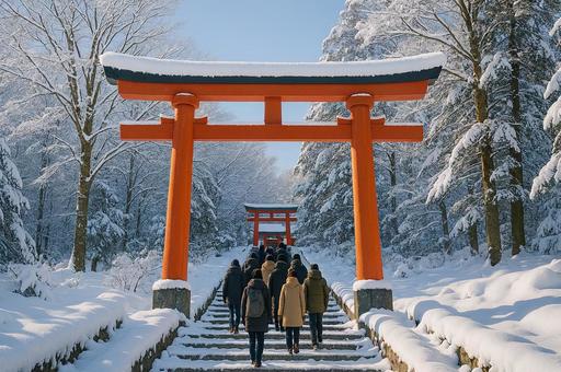 雪景色の神社参拝 雪景色の神社参拝の写真