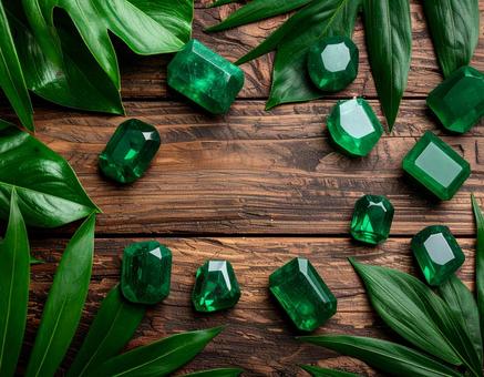 5月の誕生石　エメラルドと熱帯の葉の写真
