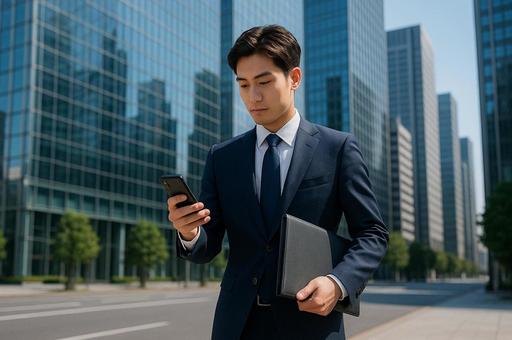 スマホを見るビジネスマン スマホを見るビジネスマンの写真