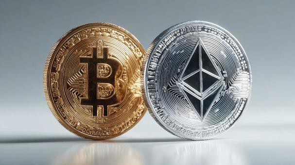 宙に浮くビットコインとイーサリアム 宙に浮くビットコインとイーサリアムの写真
