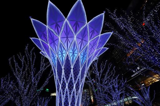 福岡 博多駅のイルミネーション4 ウィッシュフラワー,wishflower,光の森の写真素材