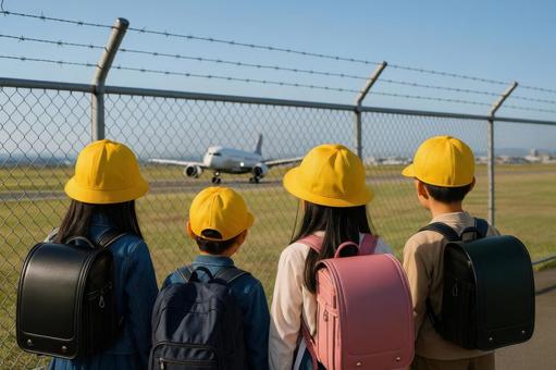 滑走路を見つめる修学旅行中の小学生たち 滑走路を見つめる修学旅行中の小学生たちの写真