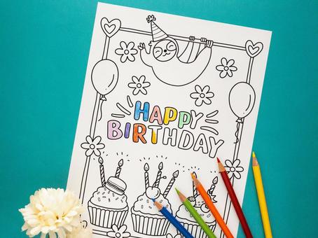 お誕生日塗り絵と色鉛筆 塗り絵,線画,色塗りの写真素材