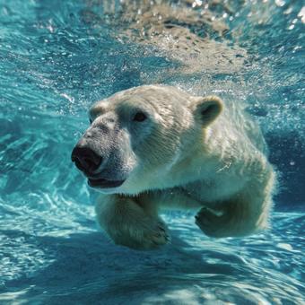 青く澄んだ水の中を悠々と進むシロクマ 青く澄んだ水の中を悠々と進むシロクマの写真