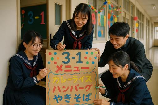 教室前に看板を設置する高校生 教室前に看板を設置する高校生の写真