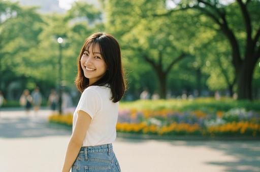 並木道の公園で振り向き笑顔の女性 並木道の公園で振り向き笑顔の女性の写真