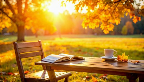 紅葉の公園で読書するイメージ、本コーヒー 紅葉の公園で読書するイメージ、本コーヒーの写真