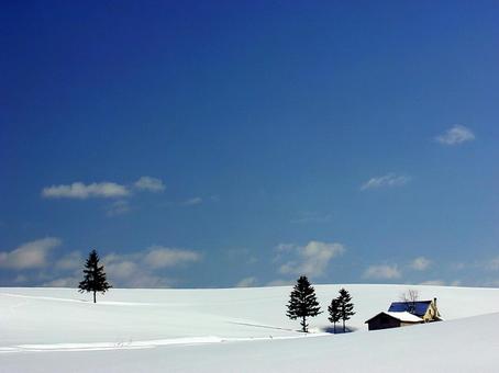 Hill house, winter morning, snow, blue sky, JPG