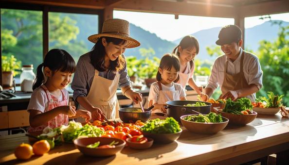 夏休み、親子料理教室で料理する親子の写真