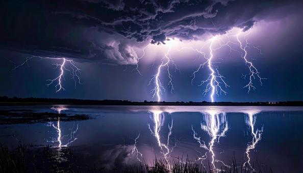 湖を照らす群雷の写真
