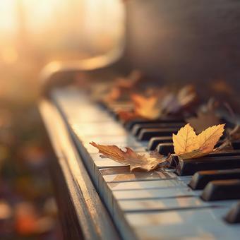 郷愁を誘う：レトロなピアノと落ち葉の写真