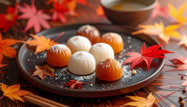 秋の紅葉と和菓子 秋の紅葉と和菓子の写真