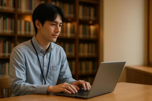 貸出カウンターでパソコン操作をする司書の写真