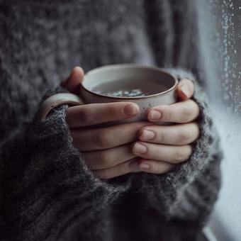 雨の日に窓辺で白湯を持つ女性の手元 雨の日に窓辺で白湯を持つ女性の手元の写真