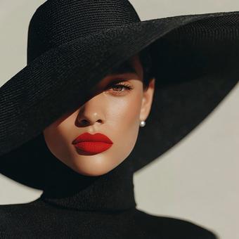 黒いハットとタートルネックの女性 黒いハットとタートルネックの女性の写真