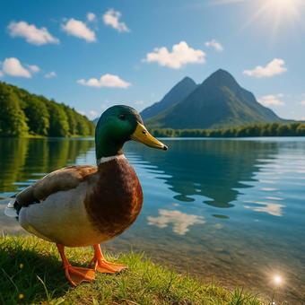 活力あふれる湖畔に佇むマガモと青空の写真