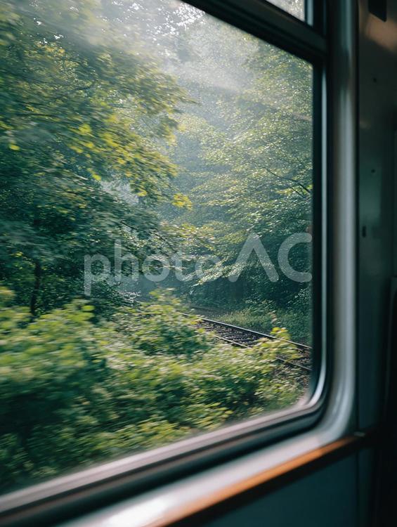 森を抜ける列車の窓から 電車,窓,車窓の写真素材