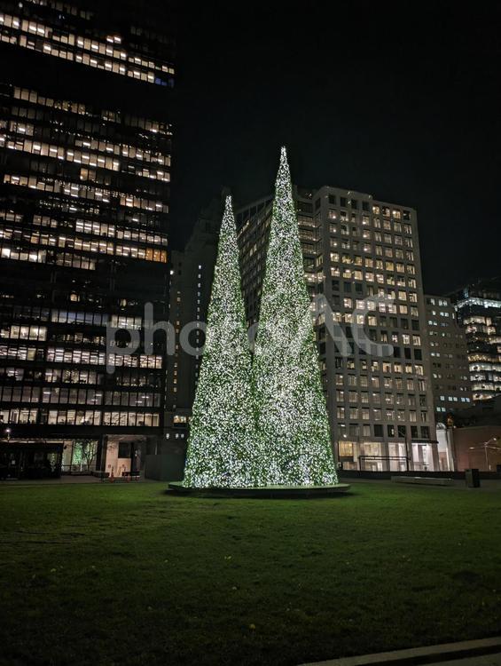 ビル街の広場にある装飾された三角錐の木 夜,都会,クリスマスの写真素材