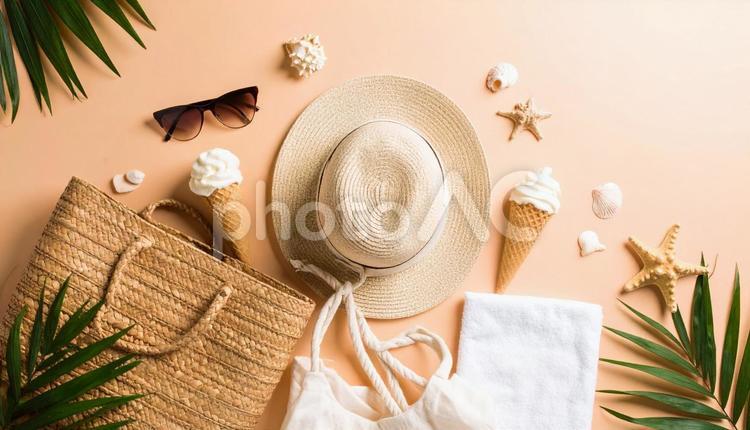 夏アイテムを組合わせたビジュアル 夏,ファッション,夏服の写真素材