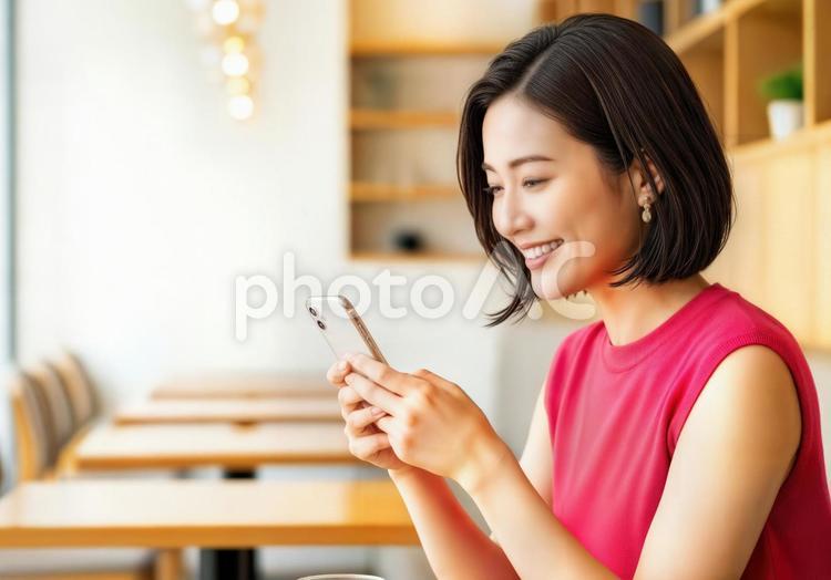 赤い服の女性が笑顔でスマホを操作している スマホ,若い女性,笑顔の写真素材