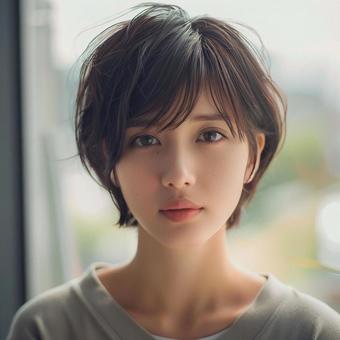 ショートカットの女性(正面) ショートカットの女性(正面)の写真